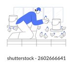 Poultry farming isolated cartoon vector illustrations. Farmer feeds the little chicks, agriculture industry, poultry care, agribusiness worker, production sector, animals rearing vector cartoon.