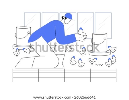 Poultry farming isolated cartoon vector illustrations. Farmer feeds the little chicks, agriculture industry, poultry care, agribusiness worker, production sector, animals rearing vector cartoon.