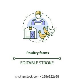 Poultry farms concept icon. Farm production types. Organic foods ranches. Animal meat production idea thin line illustration. Vector isolated outline RGB color drawing. Editable stroke