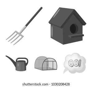 Poultry house, pitchfork, greenhouse, watering can.Farm set collection icons in monochrome style vector symbol stock illustration web.