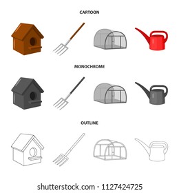 Poultry house, pitchfork, greenhouse, watering can.Farm set collection icons in cartoon,outline,monochrome style vector symbol stock illustration web.