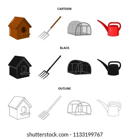 Poultry house, pitchfork, greenhouse, watering can.Farm set collection icons in cartoon,black,outline style vector symbol stock illustration web.