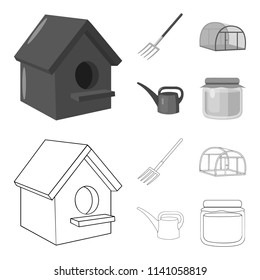 Poultry house, pitchfork, greenhouse, watering can.Farm set collection icons in outline,monochrome style vector symbol stock illustration web.