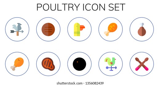 poultry icon set. 10 flat poultry icons.  Simple modern icons about  - vane, chicken leg, meat, duck, cock, chicken, drumsticks
