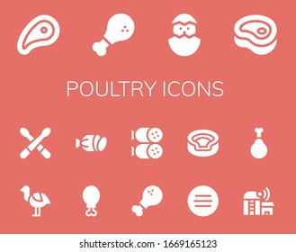 Geflügel-Icon-Set. 14 gefüllte Geflügelsymbole.  Einfache, moderne Symbole wie: Fleisch, Huhn, Küken, Strauß, Gerüchte, Hühnerbein, Salami, Tier, Bauernhof