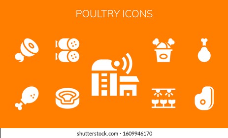 poultry icon set. 9 filled poultry icons. Included Farm, Animal, Salami, Chicken leg, Meat, Chicken, Fried chicken icons