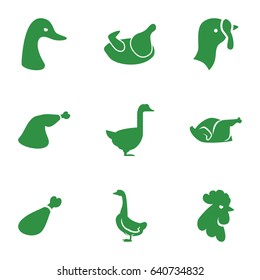 Poultry icons set. set of 9 poultry filled icons such as chicken, turkey, goose, rooster