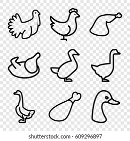 Poultry icons set. set of 9 poultry outline icons such as goose, chicken, meat leg