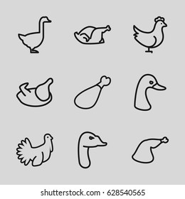 Poultry icons set. set of 9 poultry outline icons such as goose, chicken, meat leg