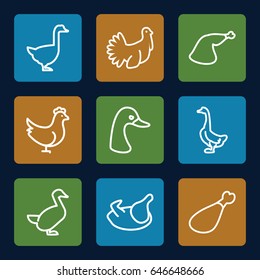 Poultry icons set. set of 9 poultry outline icons such as goose, chicken, meat leg