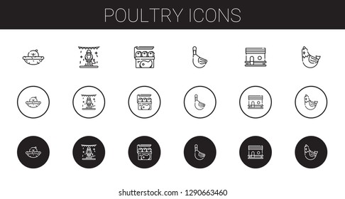 poultry icons set. Collection of poultry with chick, animals, meat, duck, chicken coop, hen. Editable and scalable poultry icons.