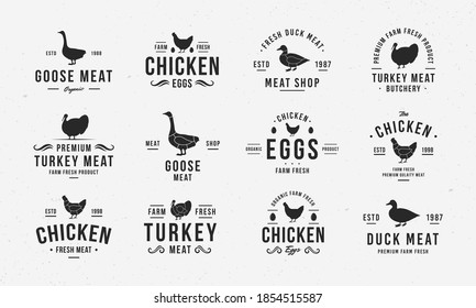 Poultry Logo Set. Vintage Hen, Goose, Duck, Turkey Logo Templates With Silhouettes. Poultry Emblems For Butcher Shop, Restaurant, Steak House, Grocery Store. Vector Illustration