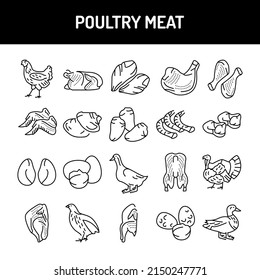 Juego de iconos de la línea de color de la carne de aves de corral. Pictogramas para página web, aplicación móvil, promoción. elemento de diseño de interfaz gráfica de usuario (GUI) de UI UX. Trazo editable.