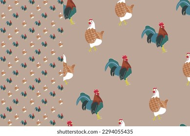 Poultry pattern, rooster, chicken, vector image, seamless image, background.