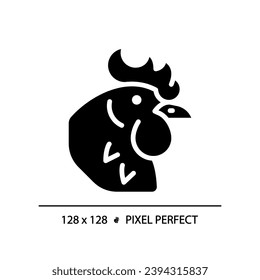 Poultry pixel perfect black glyph icon. Chicken products. Meat section. Farm animal. Domesticated bird. Butcher shop. Silhouette symbol on white space. Solid pictogram. Vector isolated illustration