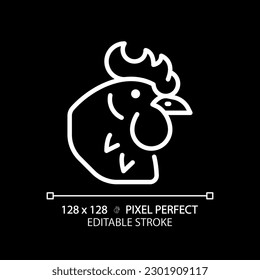 Poultry pixel perfect white linear icon for dark theme. Chicken products. Meat section. Farm animal. Butcher shop. Thin line illustration. Isolated symbol for night mode. Editable stroke