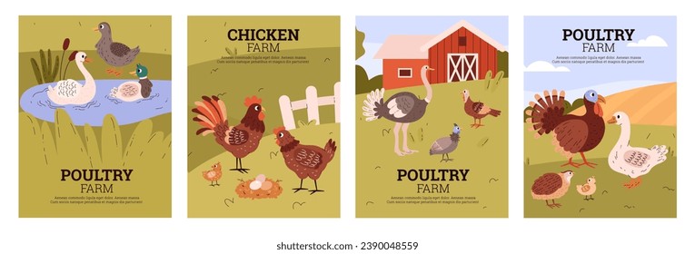 Poultry and raising domesticated birds for their meat and eggs, banners set flat vector illustration. Poultry farm agricultural establishment banners or posters set.