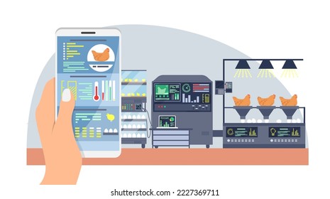 Vector de granja inteligente de aves de corral. Sistema de agricultura automatizada en la ilustración del trabajo. Mano humana plana sosteniendo el smartphone en mano para analizar datos y alimentar al pollo. Tecnología de automatización e implementación