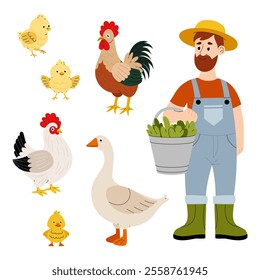 Poultry yard. Domestic birds goose, chicken, rooster. Farm worker feeding poultry. Set of flat illustrations on white background.