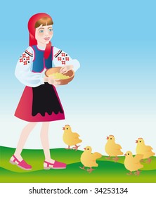 a poultry-maid feeds with little chickens porridge