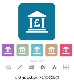 Pound bank office white flat icons on color rounded square backgrounds. 6 bonus icons included