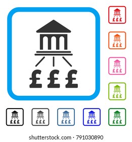 Pound Bank Scheme icon. Flat gray iconic symbol inside a light blue rounded frame. Black, gray, green, blue, red, orange color variants of Pound Bank Scheme vector.
