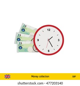 Pound banknote. Time is money concept vector illustration.