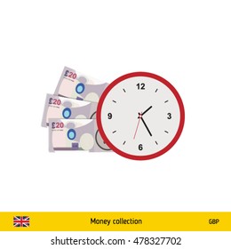 Pound banknote. Time is money concept vector illustration.