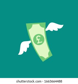 pound banknote with white wings. Flat  blue background. Flying money. Economy, finance, money pictogram. Wealth symbol.  Vector illustration. Free, easy.  Spend, expenses  