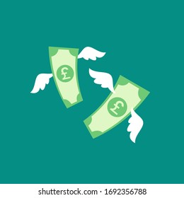 pound banknote with white wings. Flat  blue background. Flying money. Economy, finance, money pictogram. Wealth symbol.  Vector illustration. Free, easy.  Spend, expenses  