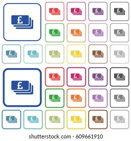 Pound banknotes color flat icons in rounded square frames. Thin and thick versions included.