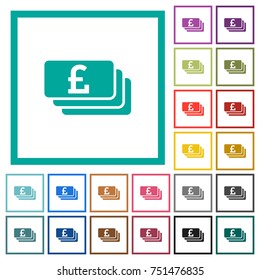 Pound banknotes flat color icons with quadrant frames on white background