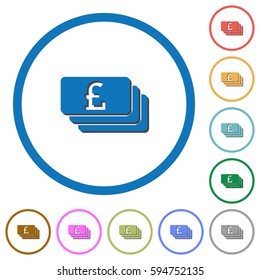 Pound banknotes flat color vector icons with shadows in round outlines on white background