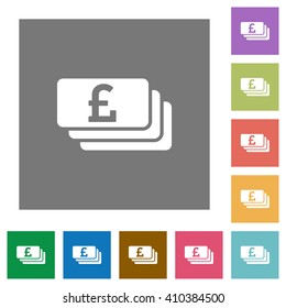 Pound banknotes flat icon set on color square background.