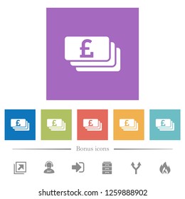 Pound banknotes flat white icons in square backgrounds. 6 bonus icons included.