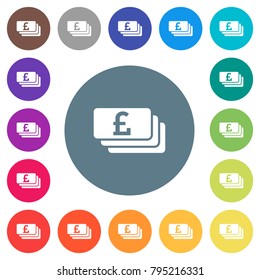 Pound banknotes flat white icons on round color backgrounds. 17 background color variations are included.