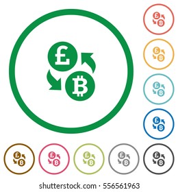 Pound Bitcoin money exchange flat color icons in round outlines on white background