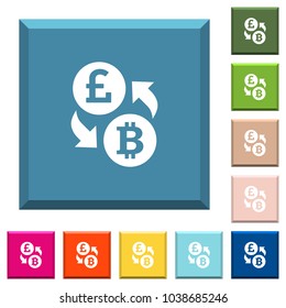 Pound Bitcoin money exchange white icons on edged square buttons in various trendy colors