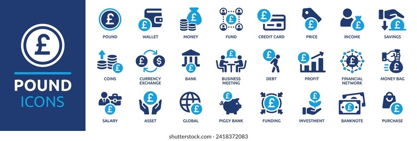 Pound British currency icon set. Containing wallet, coins, GBP, fund, banknote, financial, bank, salary and more. Solid vector icons collection.