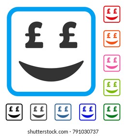 Pound Businessman Smile icon. Flat grey pictogram symbol in a light blue rounded squared frame. Black, gray, green, blue, red, orange color variants of Pound Businessman Smile vector.