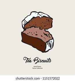 Pound cake chunks isolated hand drawn vector line illustration old style. Vector tea chocolate biscuit pie cooking logo, packaging design, cafe menu, banner, flayer, coffee shop retro hand drawn style