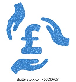 Pound Care Hands grainy textured icon for overlay watermark stamps. Flat symbol with unclean texture. Dotted vector cobalt ink rubber seal stamp with grunge design on a white background.