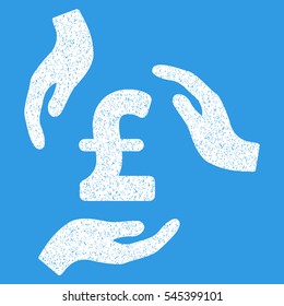 Pound Care Hands grainy textured icon for overlay watermark stamps. Flat symbol with dust texture. Dotted vector white ink rubber seal stamp with grunge design on a blue background.