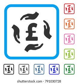Pound Care Hands icon. Flat gray iconic symbol inside a light blue rounded square. Black, gray, green, blue, red, orange color additional versions of Pound Care Hands vector.