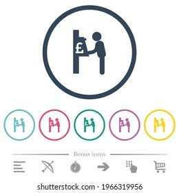 Pound cash machine flat color icons in round outlines. 6 bonus icons included.