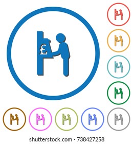Pound cash machine flat color vector icons with shadows in round outlines on white background