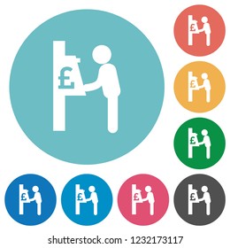 Pound cash machine flat white icons on round color backgrounds