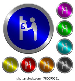 Pound cash machine icons on round luminous coin-like color steel buttons