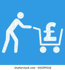 Pound Cash Out grainy textured icon for overlay watermark stamps. Flat symbol with dust texture. Dotted vector white ink rubber seal stamp with grunge design on a blue background.