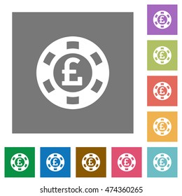 Pound casino chip flat icon set on color square background.